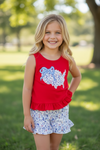 USA" Floral applique on red ruffle top & floral shorts. OFG60456 JEAN