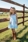 Patriotic front pocket gingham ruffle hem dress. DRG60740 AMY