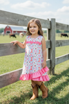 Western boot printed dress with fuchsia ruffle hem. DRG61163 sol