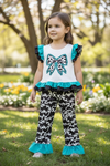 Cow printed bow ruffle top and cow printed pants. OFG60880 JEAN