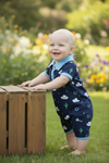 Navy blue western printed romper w/ lt. blue hem. RPB60304-SOL