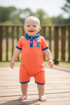 Orange western romper with royal blue hem. RPB60288 SOL