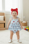 Blue gingham & red cherry printed baby bodysuit. RPG60883 AMY