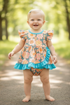 Lt. Orange floral on blue cheetah bodysuit. RPG61366 AMY