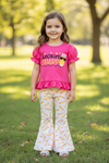 "Looking Sharp" Fuchsia ruffle hem top with bubble sleeve & pencil printed bottoms. OFG60700 AMY
