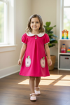 Fuchsia cotton made dress with bubble sleeve and apple application. DRG60967 JEAN