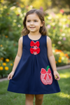 Navy Blue dress with red front bows & apple applique. DRG60968 jean