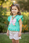 Pencil applique on mint top and floral shorts.  OFG60551 SOL