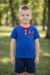 Royal blue w/ red trim back to school applique tee. TPB60171 JEAN