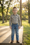 Blue denim pants with back brown embroidered pocket. PNB60015 JEAN