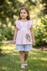 Lt. Pink stripe tunic w/printed pencil & Lt. Blue Stripe shorts w/ ruffle hem. OFG60702 AMY