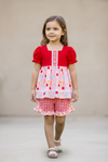 Apple printed on coral with red top & gingham shorts. OFG60705 SOL