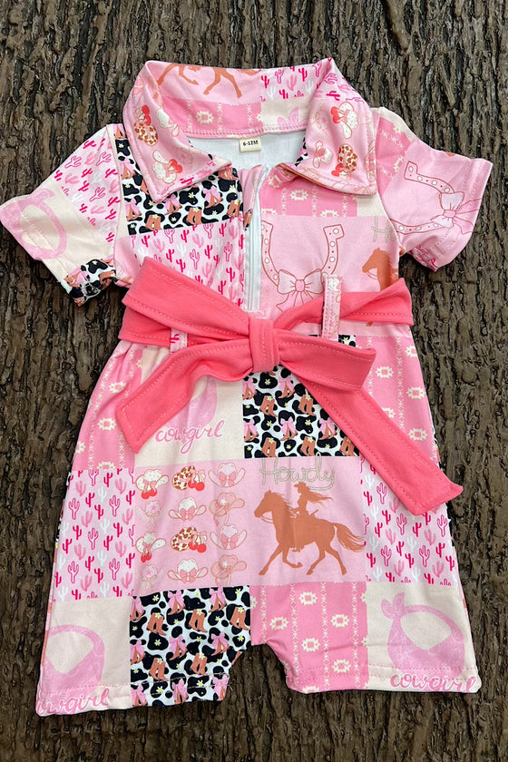 Pink western printed girls romper. SR031901-JEAN