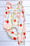 Ivory & blue, gingham strawberry printed baby romper. SR013029-AMY