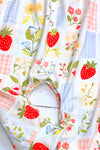 Ivory & blue, gingham strawberry printed baby romper. SR013029-AMY
