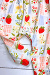 Ivory & blue, gingham strawberry printed baby romper. SR013029-AMY