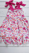 Flamingo printed girls dress with ruffle hem. GSD013023-SOL