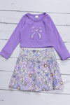 Floral bow applique long sleeve crop top and floral skort. GLD112001- AMY