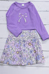 Floral bow applique long sleeve crop top and floral skort. GLD112001- AMY