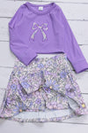 Floral bow applique long sleeve crop top and floral skort. GLD112001- AMY
