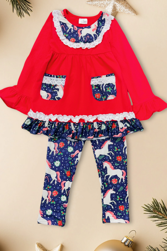 ❄️Unicorn on red tunic and navy leggings. CKTZ-012444