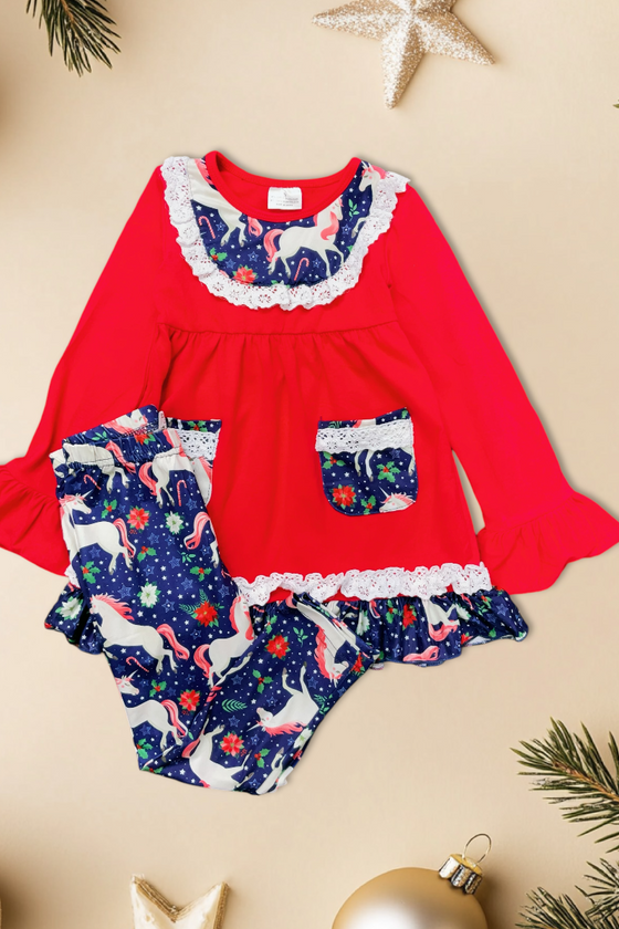 ❄️Unicorn on red tunic and navy leggings. CKTZ-012444