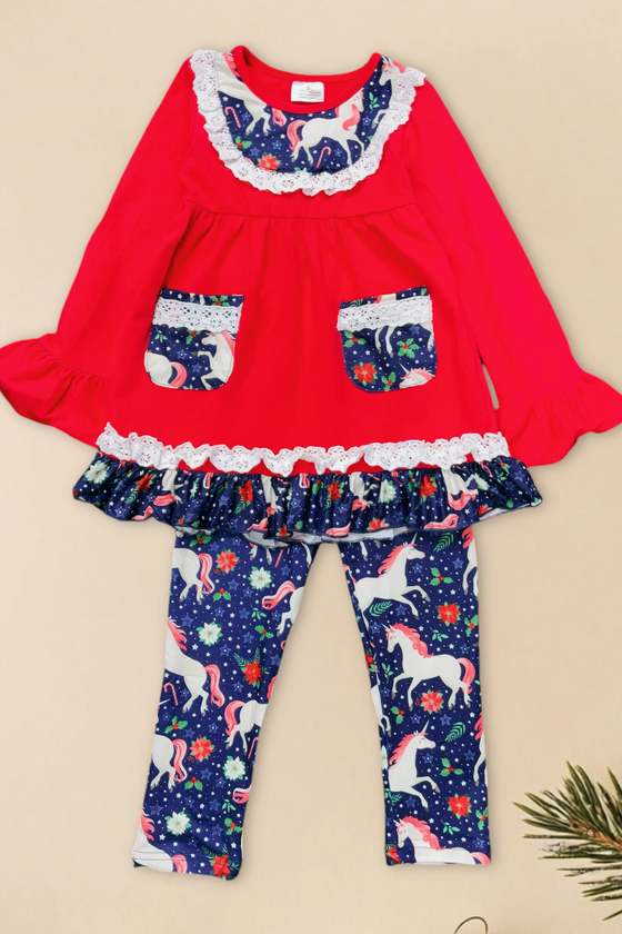 Unicorn on red tunic and navy leggings. CKTZ-012444WEN