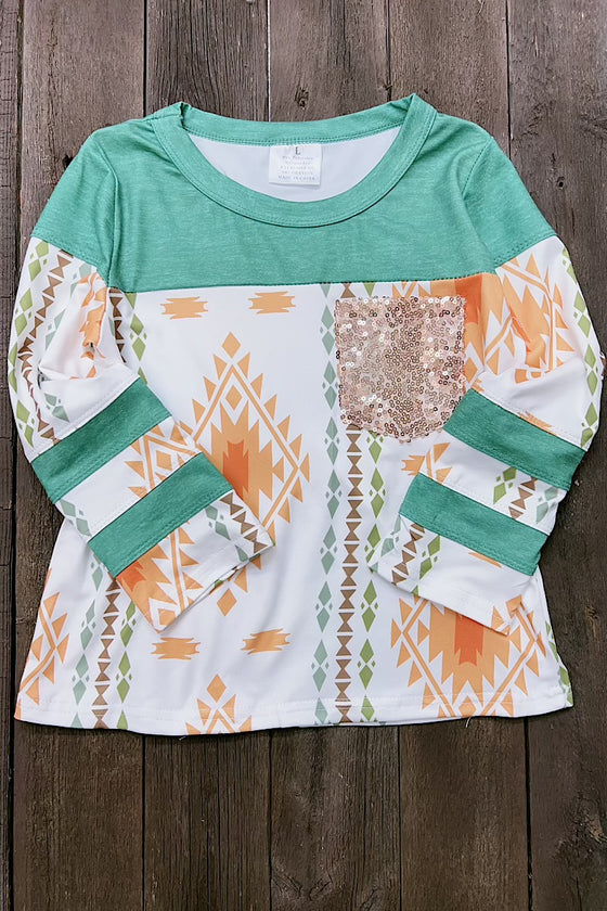 GIRLS SEQUINS AZTEC LONG SLEEVE SHIRT W/SEQUINS POCKET.  TPG651522035AMY