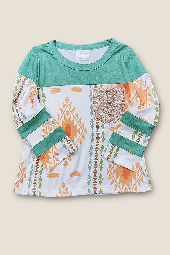 GIRLS SEQUINS AZTEC LONG SLEEVE SHIRT W/SEQUINS POCKET.  TPG651522035AMY