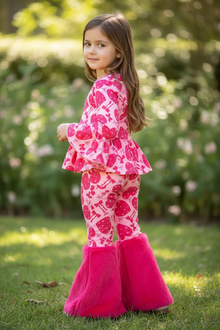  Valentines-Heart printed girls tunic with ruffle trim & bell bottoms. OFG60189 AMY❤️