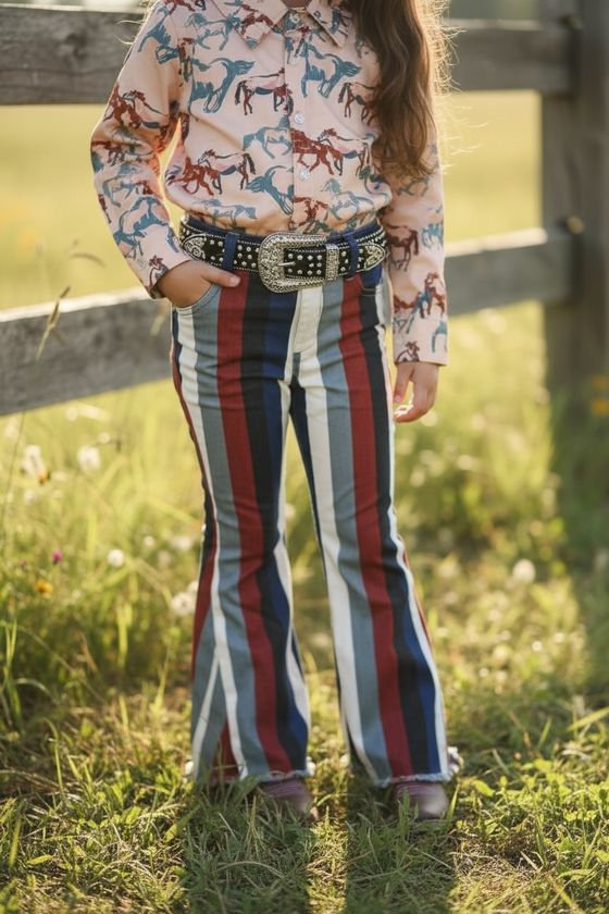 Multi-color stripe printed bootcut denim pants. PNG65153068-AMY