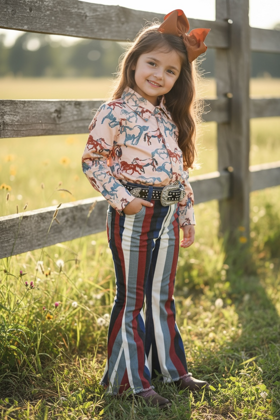 Multi-color stripe printed bootcut denim pants. PNG65153068-AMY