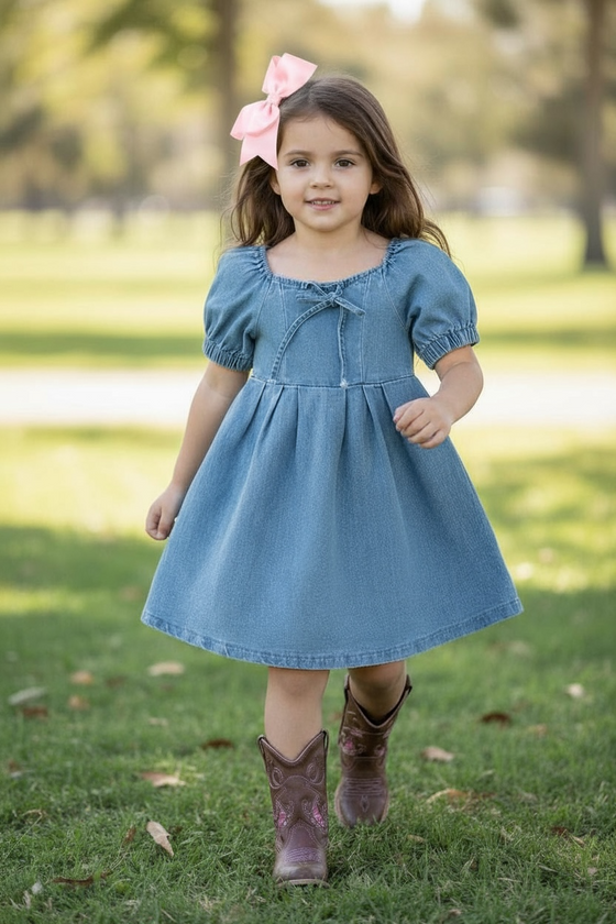 Cute bubble sleeve denim dress. DRG55527 SOL