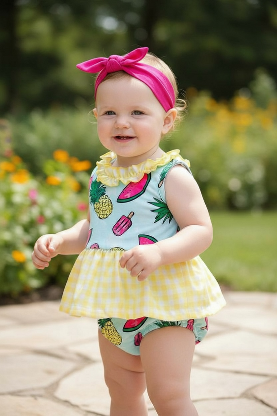 Hot summer printed baby bodysuits with plaid skirt. RPG25134041 JEAN