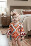Aztec & cow printed girls baby bodysuit with bell sleeves. RPG51902 AMY