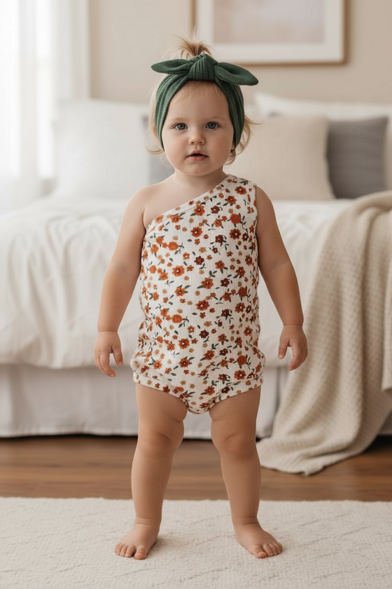 Cold shoulder ditsy floral bodysuit with snaps. RPG50974 AMY