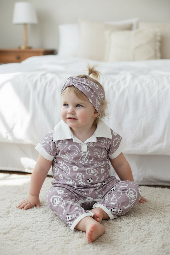 Dusty purple collar neckline baby romper with snaps.  SR20220065 SOL