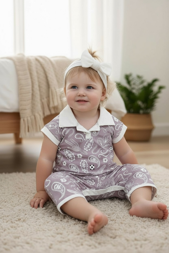 Dusty purple collar neckline baby romper with snaps.  SR20220065 SOL