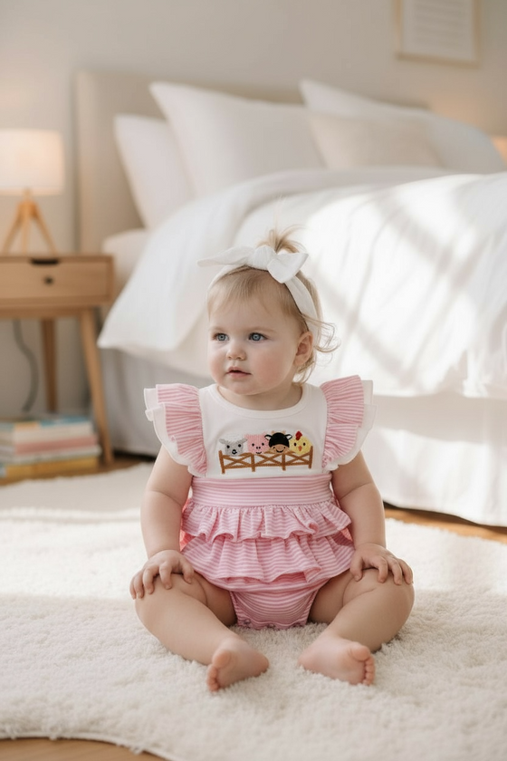 Farm animal embroidered baby bodysuit with ruffle. RPG50350 AMYy