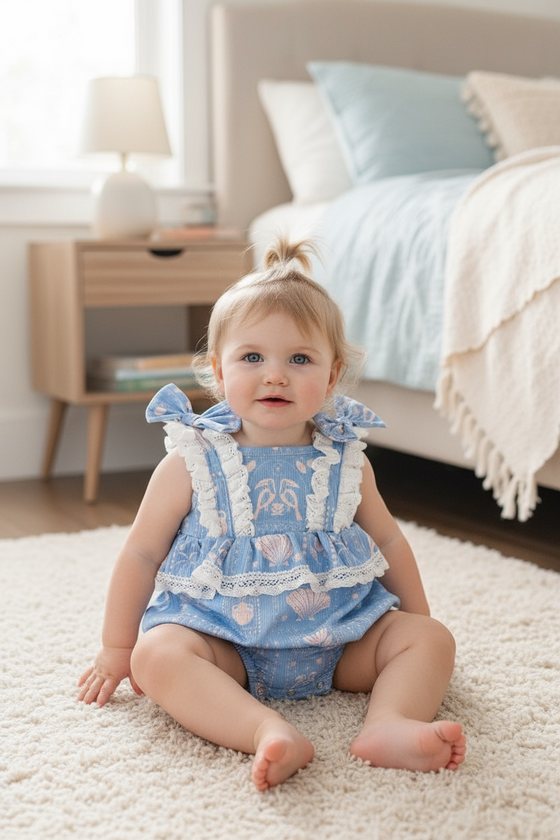 White seashell on blue baby bodysuit w/snaps. RPG50643 AMY