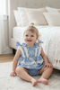 White seashell on blue baby bodysuit w/snaps. RPG50643 AMY