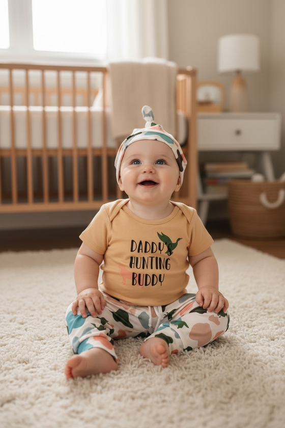 "Daddy's Hunting Buddy" bodysuit & camouflage bottoms & beanies. RPB50194 JEA