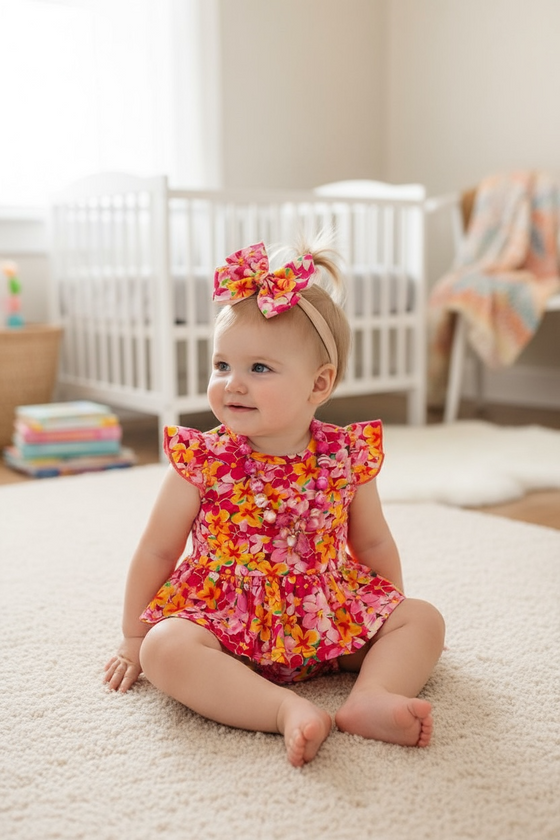 🎍Bamboo made fuchsia & red w/yellow tone floral twirl baby bodysuit . RPG50158