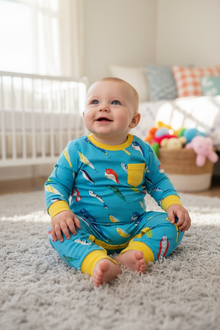  Turquoise fishing printed bodysuit with snaps. RPB40567 SOL