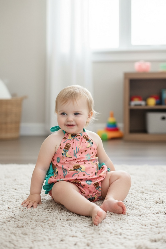 Lt. Coral western printed baby onesie with ruffle butt. SR030503-JEAN