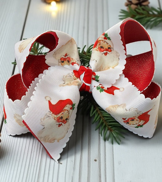 6" 2 Layer ribbon hair bow-Santa printed & glittery ribbon. 4pcs/$12.00