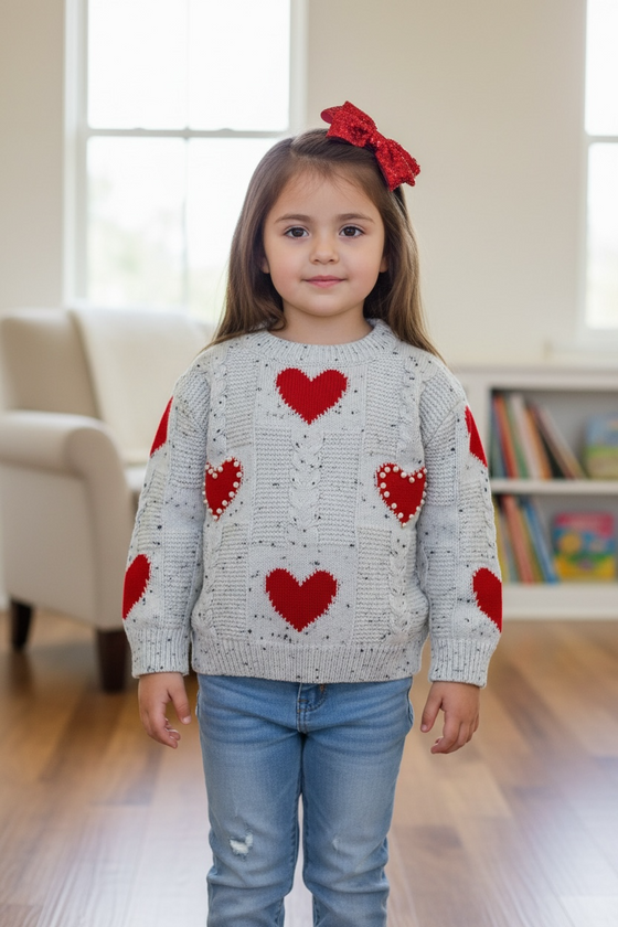 Heart printed knit sweater with pressed pearls. TPG51684 SOL
