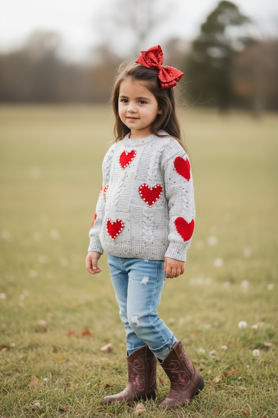 Heart printed knit sweater with pressed pearls. TPG51684 SOL