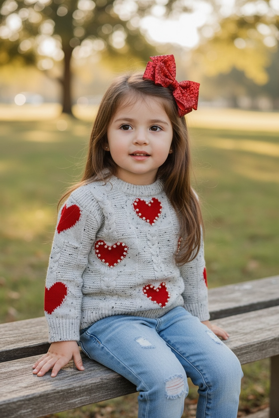 Heart printed knit sweater with pressed pearls. TPG51684 SOL
