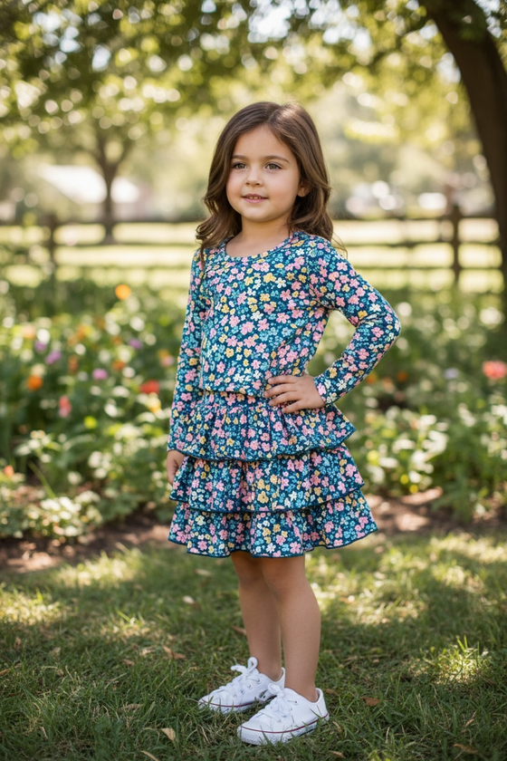 Floral printed long sleeve crop top & ruffle layered skort. OFG60156 SOL